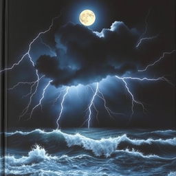 A dramatic book cover depicting a stormy night over the sea