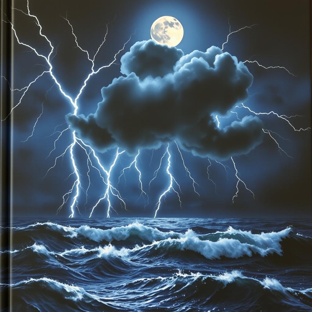 A dramatic book cover depicting a stormy night over the sea