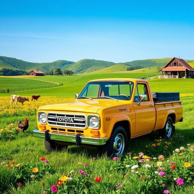 A classic ecologic Toyota truck parked on a picturesque farm, surrounded by lush green fields and colorful wildflowers