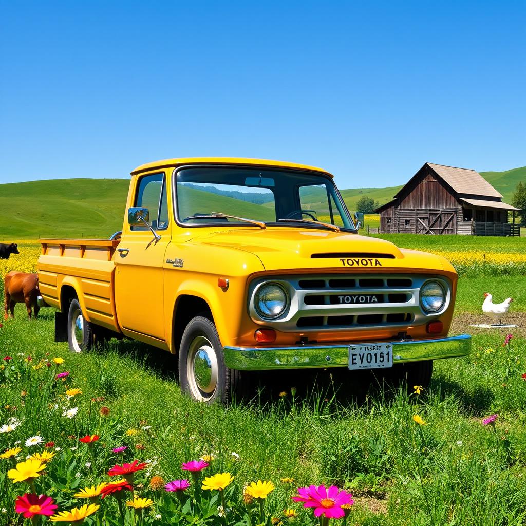 A classic ecologic Toyota truck parked on a picturesque farm, surrounded by lush green fields and colorful wildflowers