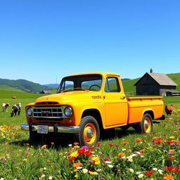 A classic ecologic Toyota truck parked on a picturesque farm, surrounded by lush green fields and colorful wildflowers
