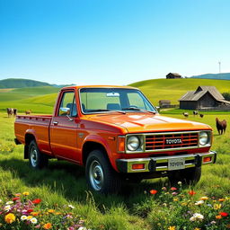 A classic ecologic Toyota truck parked on a picturesque farm, surrounded by lush green fields and colorful wildflowers