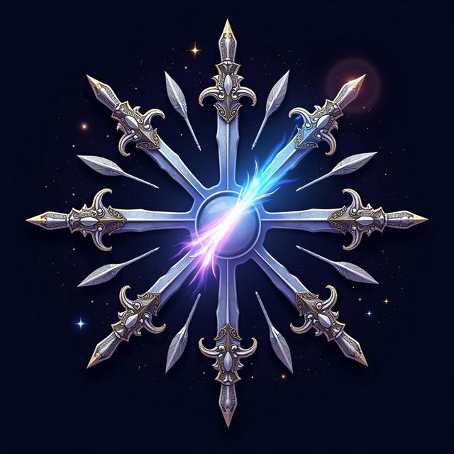 A striking emblem featuring a stylized comet at the center, with radiant trails behind it and surrounded by intricately designed swords pointed outward in a circular fashion