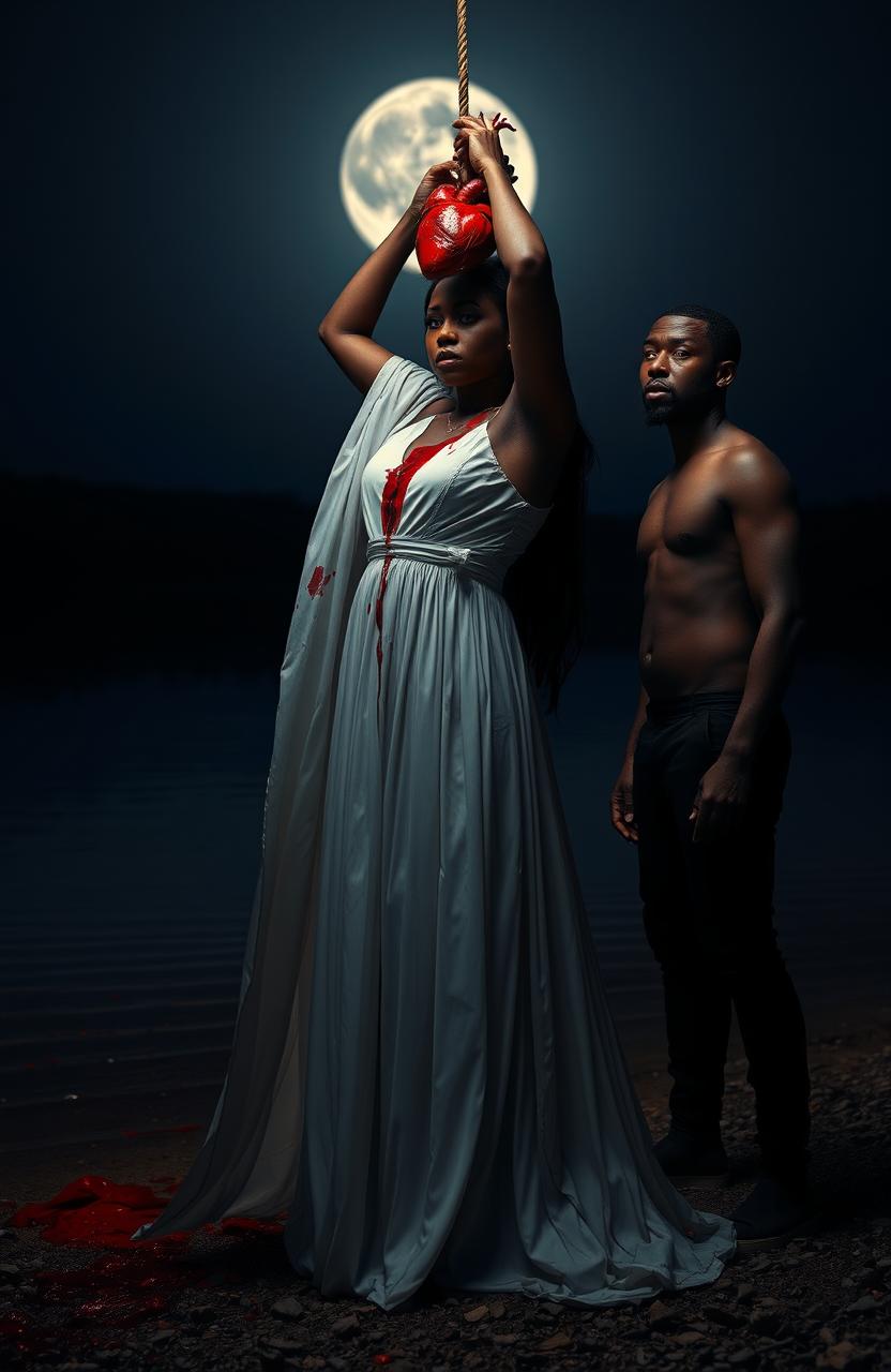 A dramatic scene featuring a 25-year-old black woman dressed in a flowing white gown, standing on the shore of a serene lake at night