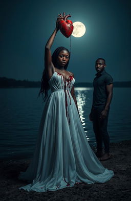 A dramatic scene featuring a 25-year-old black woman dressed in a flowing white gown, standing on the shore of a serene lake at night