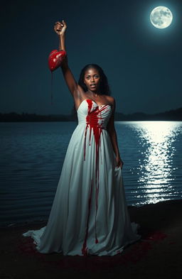 A dramatic scene featuring a 25-year-old black woman dressed in a flowing white gown, standing on the shore of a serene lake at night