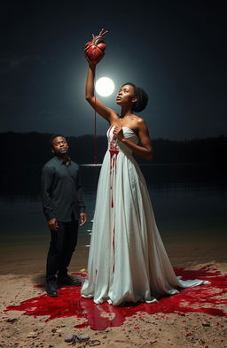 A dramatic scene featuring a 25-year-old black woman dressed in a flowing white gown, standing on the shore of a serene lake at night
