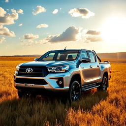 A classic silver Toyota Hilux truck with sleek black trim features, positioned in the middle of a vast, open field