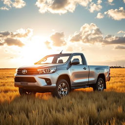 A classic silver Toyota Hilux truck with sleek black trim features, positioned in the middle of a vast, open field