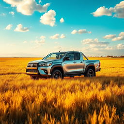 A classic silver Toyota Hilux truck with sleek black trim features, positioned in the middle of a vast, open field