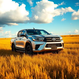 A classic silver Toyota Hilux truck with sleek black trim features, positioned in the middle of a vast, open field