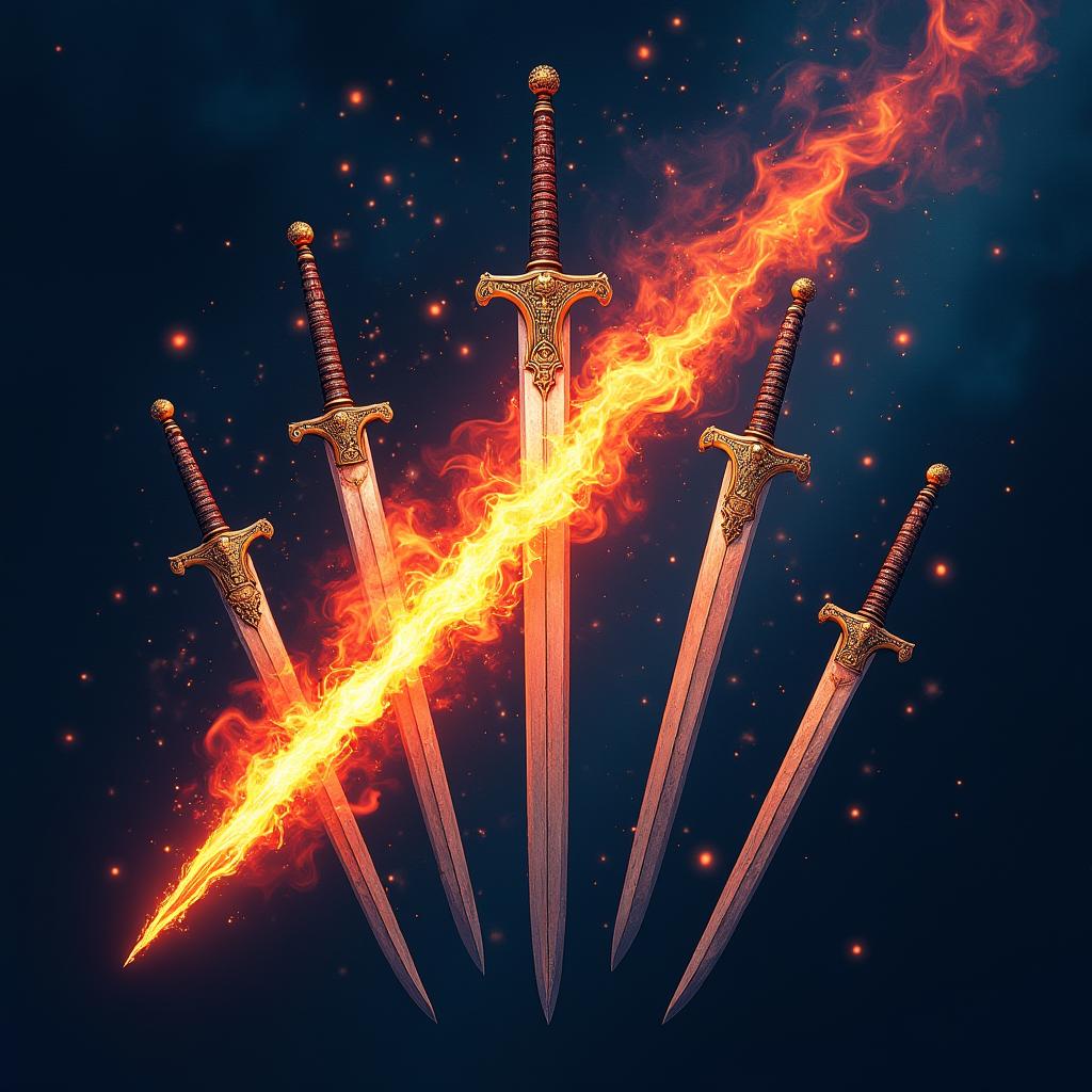 A captivating symbol featuring a flaming comet gracefully floating around a collection of beautifully designed swords