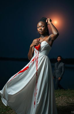 A dramatic scene featuring a 25-year-old Black woman dressed in a flowing white gown, standing illuminated against a serene night backdrop