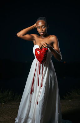 A dramatic scene featuring a 25-year-old Black woman dressed in a flowing white gown, standing illuminated against a serene night backdrop