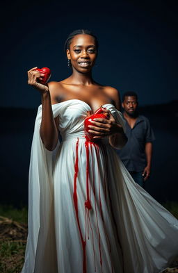 A dramatic scene featuring a 25-year-old Black woman dressed in a flowing white gown, standing illuminated against a serene night backdrop