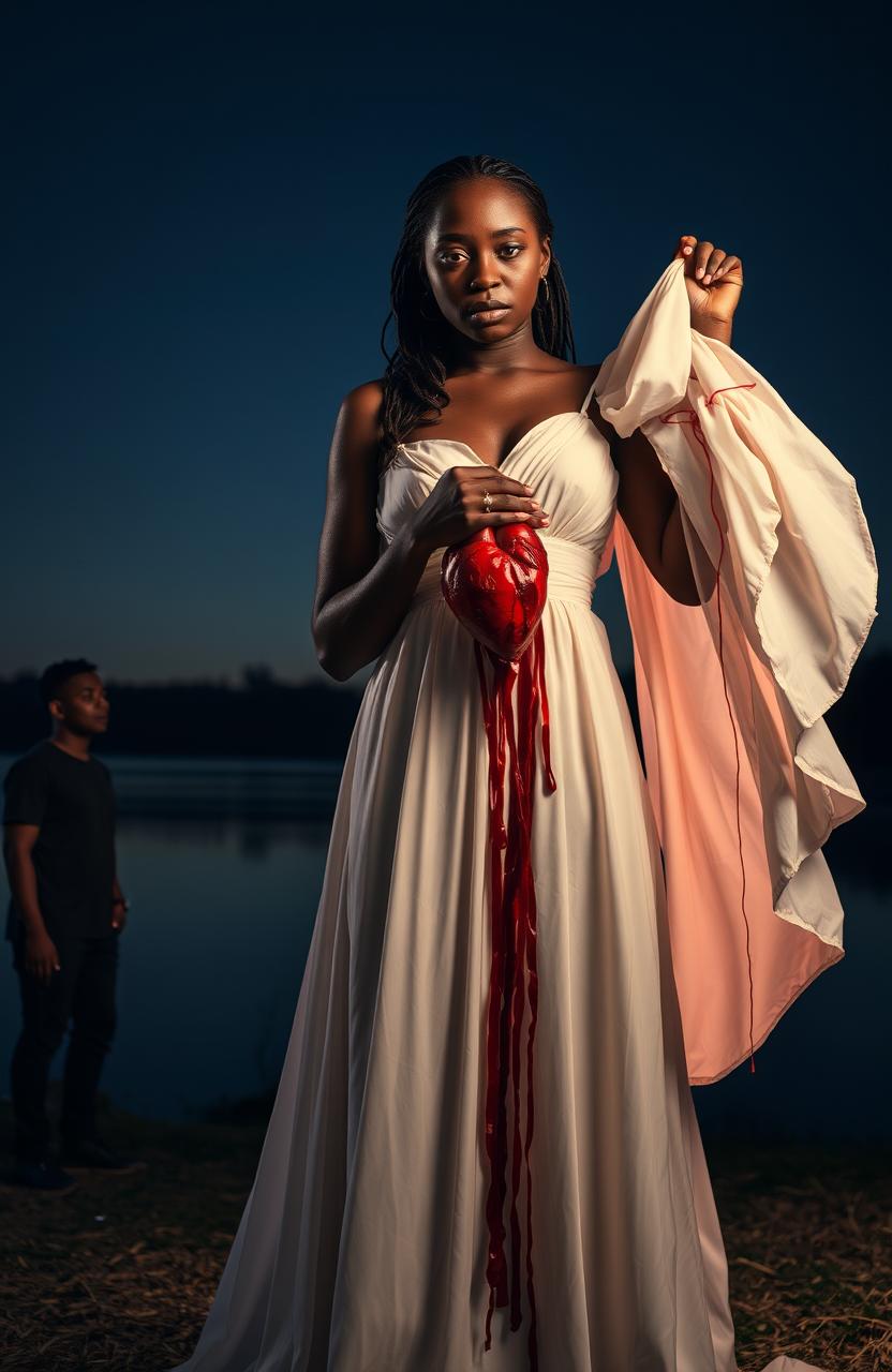 A dramatic scene featuring a 25-year-old Black woman dressed in a flowing white gown, standing illuminated against a serene night backdrop