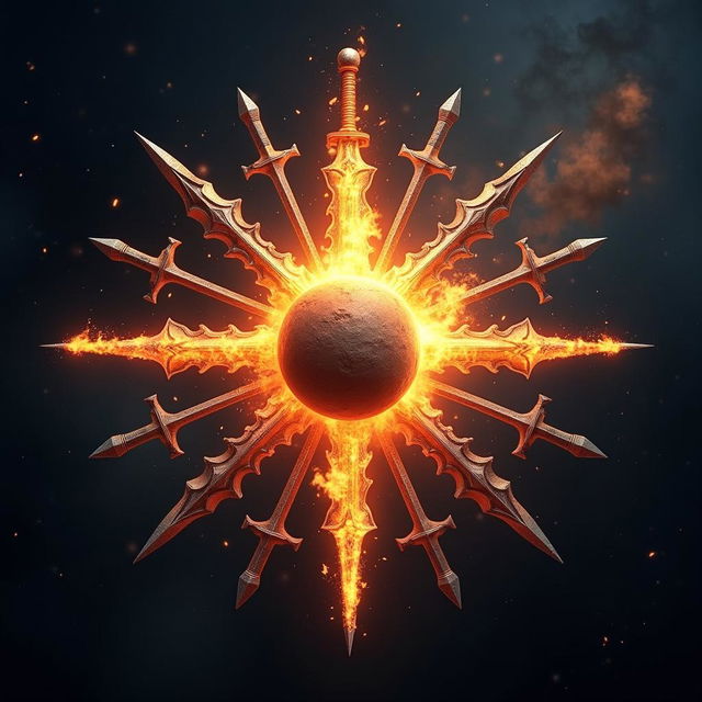 Adynamic symbol featuring a flaming asteroid at the center, engulfed in bright orange and yellow flames that flicker and dance around it