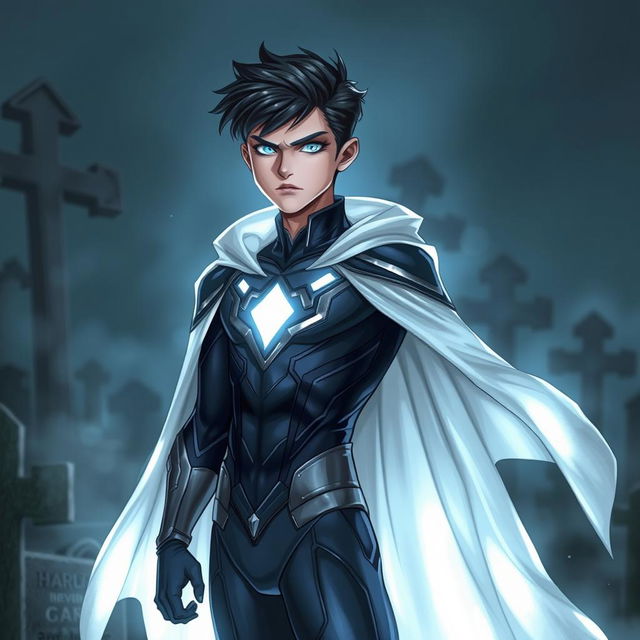A teenage ghost boy with an ethereal and haunting appearance, exuding a spectral glow