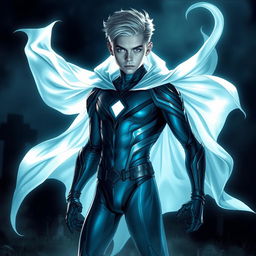 A teenage ghost boy with an ethereal and haunting appearance, exuding a spectral glow