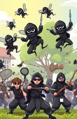 A dynamic and whimsical battlefield scene featuring ninja-dressed mosquitoes with tiny, intricate black ninja outfits, skillfully wielding syringes as weapons