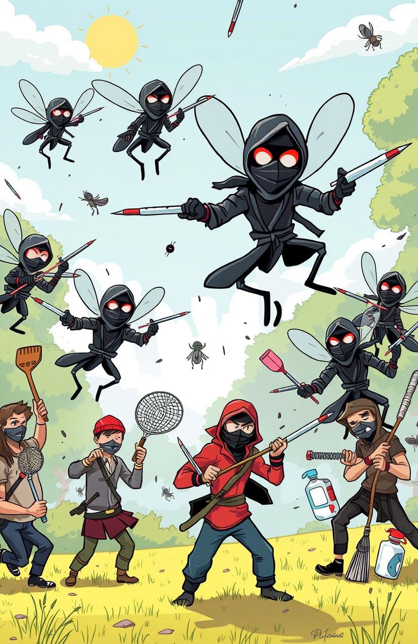 A dynamic and whimsical battlefield scene featuring ninja-dressed mosquitoes with tiny, intricate black ninja outfits, skillfully wielding syringes as weapons