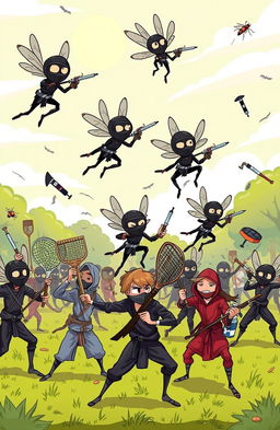 A dynamic and whimsical battlefield scene featuring ninja-dressed mosquitoes with tiny, intricate black ninja outfits, skillfully wielding syringes as weapons