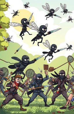 A dynamic and whimsical battlefield scene featuring ninja-dressed mosquitoes with tiny, intricate black ninja outfits, skillfully wielding syringes as weapons