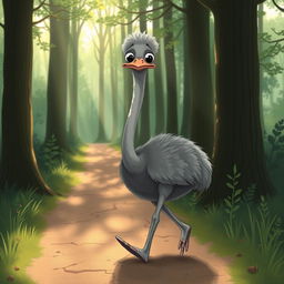 In the early morning light, a cute gray ostrich is walking along a forest path with a visibly sad expression