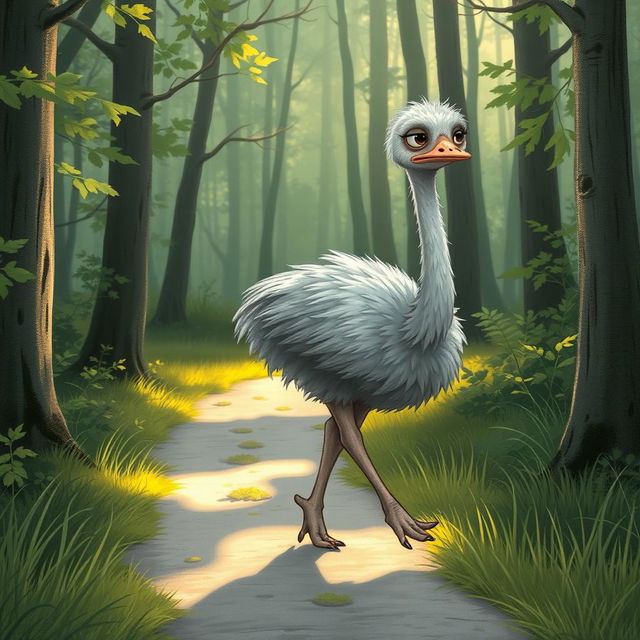 In the early morning light, a cute gray ostrich is walking along a forest path with a visibly sad expression