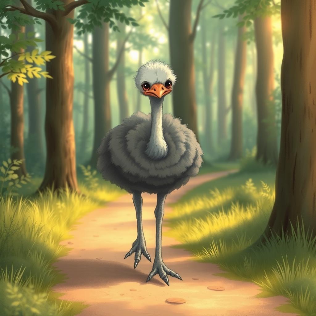 In the early morning light, a cute gray ostrich is walking along a forest path with a visibly sad expression