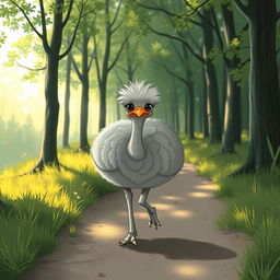 In the early morning light, a cute gray ostrich is walking along a forest path with a visibly sad expression
