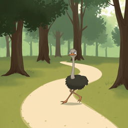 In a serene forest, a cute gray ostrich struts along a winding path with a visibly frustrated expression