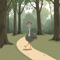 In a serene forest, a cute gray ostrich struts along a winding path with a visibly frustrated expression