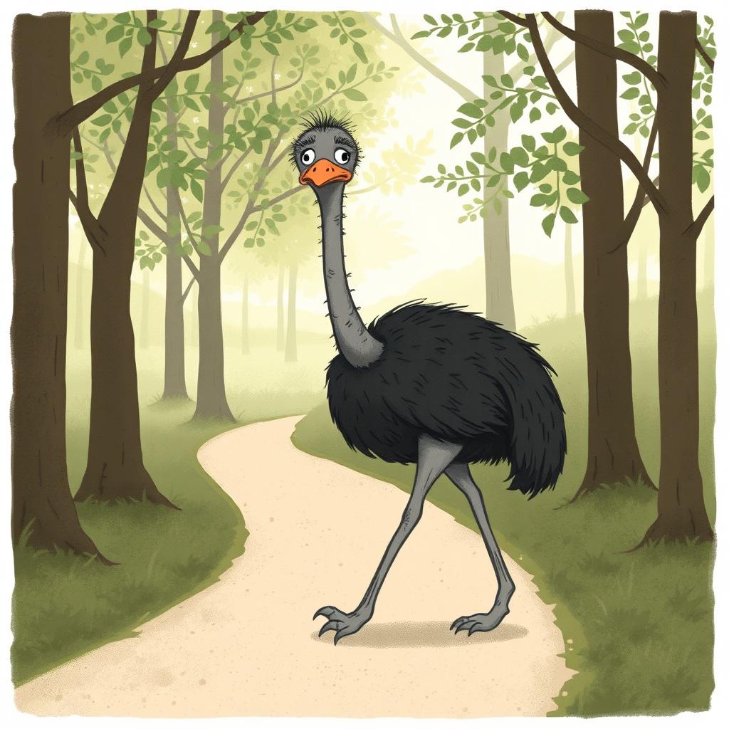 In a serene forest, a cute gray ostrich struts along a winding path with a visibly frustrated expression