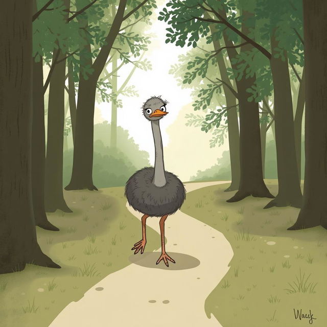 In a serene forest, a cute gray ostrich struts along a winding path with a visibly frustrated expression