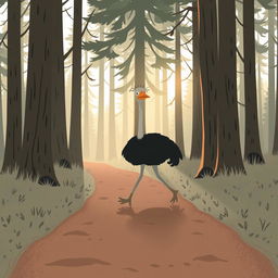 In the early morning, a cute ostrich walks along a forest path with a clearly frustrated expression
