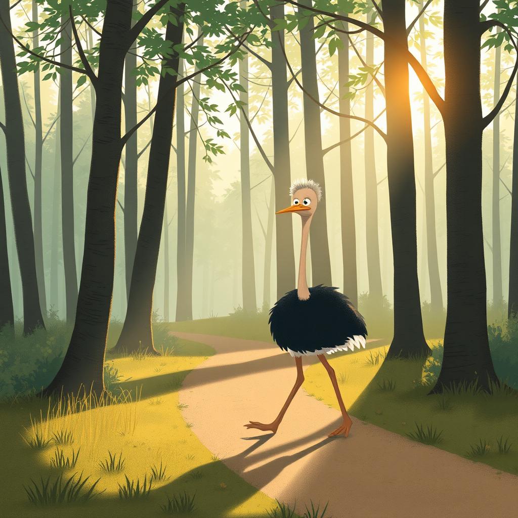 In the early morning, a cute ostrich walks along a forest path with a clearly frustrated expression