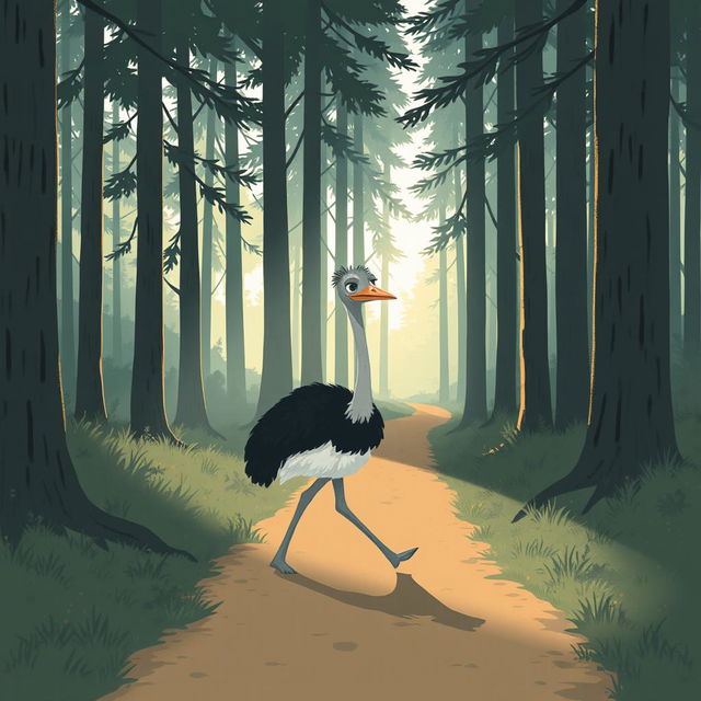 In the early morning, a cute ostrich walks along a forest path with a clearly frustrated expression