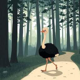 In the early morning, a cute ostrich walks along a forest path with a clearly frustrated expression