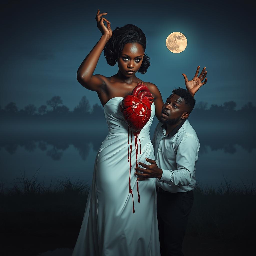 A surreal and striking night scene featuring a 25-year-old black woman dressed in an elegant white gown, dramatically pulling out her own still beating heart