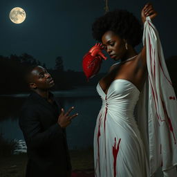 A surreal and striking night scene featuring a 25-year-old black woman dressed in an elegant white gown, dramatically pulling out her own still beating heart