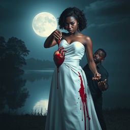A surreal and striking night scene featuring a 25-year-old black woman dressed in an elegant white gown, dramatically pulling out her own still beating heart