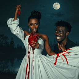 A surreal and striking night scene featuring a 25-year-old black woman dressed in an elegant white gown, dramatically pulling out her own still beating heart