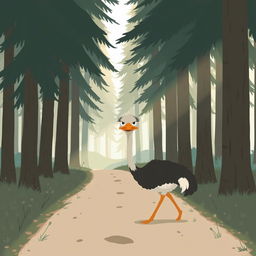 In the early morning, a cute little ostrich walks along a forest path with a clearly frustrated look on its face