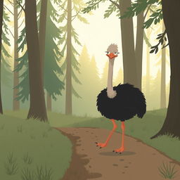 In the early morning, a cute little ostrich walks along a forest path with a clearly frustrated look on its face
