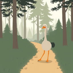 In the early morning, a cute little ostrich walks along a forest path with a clearly frustrated look on its face