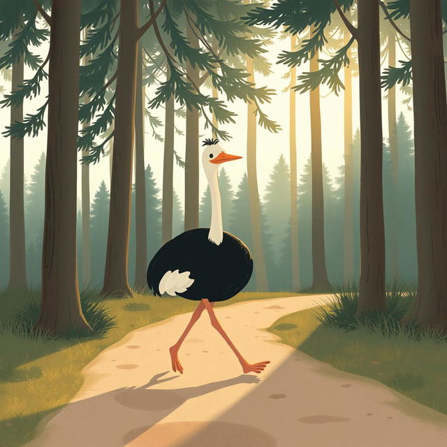 In the early morning, a cute little ostrich walks along a forest path with a clearly frustrated look on its face