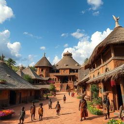 A stunning ancient African traditional village featuring intricately designed mud huts with thatched roofs, surrounded by lush greenery and vibrant flowers