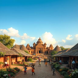A stunning ancient African traditional village featuring intricately designed mud huts with thatched roofs, surrounded by lush greenery and vibrant flowers