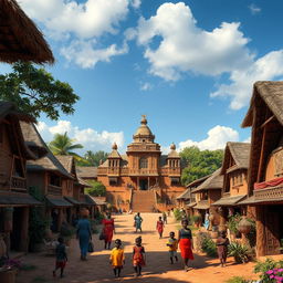 A stunning ancient African traditional village featuring intricately designed mud huts with thatched roofs, surrounded by lush greenery and vibrant flowers